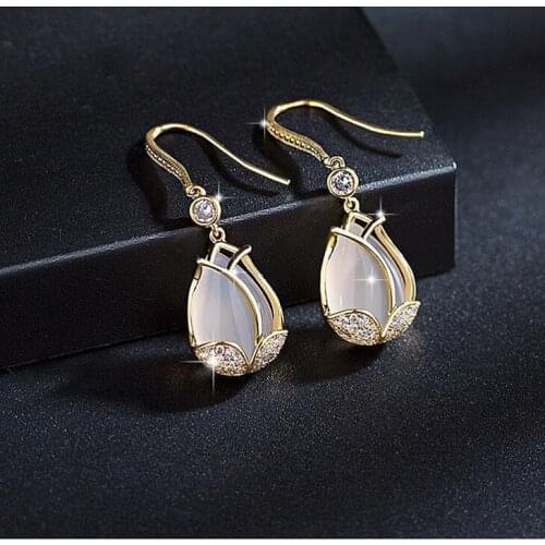 Exquisite Simple Mosaic Semi-precious Stones Eardrop Temperamental Luxurious Tulip Earrings For Women Party Jewelry Gift
