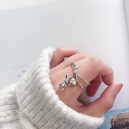 ModaOne Cute Smiling Cartoon Rabbit Handmade Adjustable Thai Silver Color Rings For Women Black Dainty Fashion Jewelry Gifts
