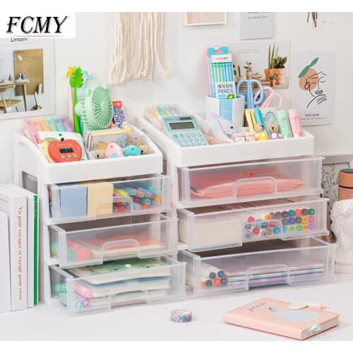 Cute Multi-storey Drawer Desktop Organizer Desk Storage Box Free Sticker School Transparent Desk Stationery Accessories