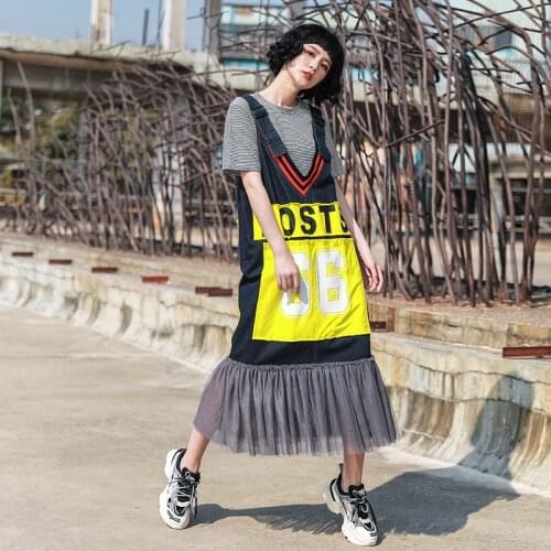 Fashion Brand Summer Women Denim Dress 2021 Women Mesh Patchwork Dress Female Letter Printed Dress Z631