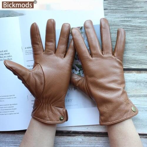 Goatskin Leather Gloves Mens Deerskin Pattern Outer Seam Retro Motorcycle Riding Driving Autumn and Winter Warm Wool Lining