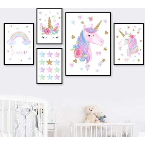 Baby Name Custom Rainbow Wall Art Canvas Painting Unicorn Star Poster Flower Art Prints Nordic Picture Nursery Kids Room Decor