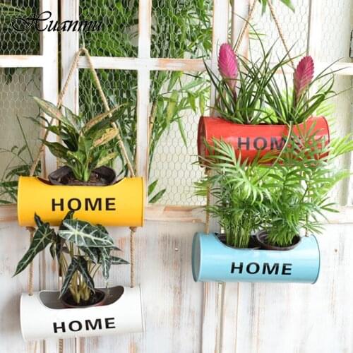 Wall Hanging Flower Pot Basket Hemp Rope Decoration Retro Style Iron Round Barrel Pot Garden Windows Fence Hanging Flower Pot