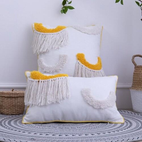 Morocco Style Cushion Cover 45x45cm/30x50cm Yellow Black Moon Tuft Tassels Handmade Decoration Pillow Cover Sofa Bed
