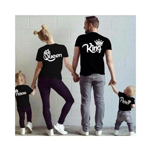 OMSJ 2018 Summer Matching Family Clothes Casual Solid Short Sleeve Cotton T-shirt King Queen Couples Crown Printed Funny Tops