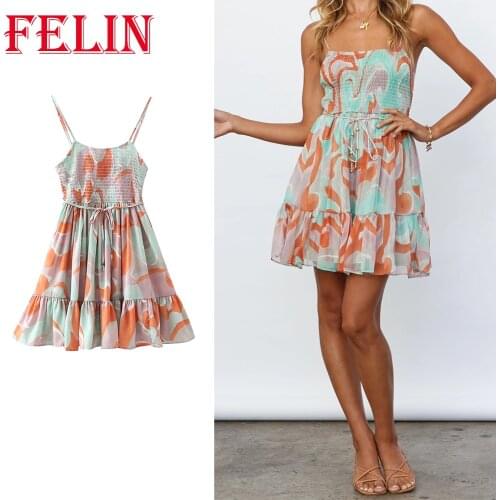 FELIN Za 2021 Sexy Women Backless Sundress Tie-dye Printing Sleeveless Chiffon Beach Dress Summer Chic Mujer Vintage Vestidos