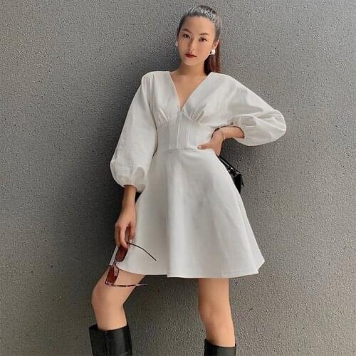 Summer White Sexy V Neck Women Puff Sleeve A-Line Casual Wild Dresses Ladies 2021 Elegant Fashion New Work Wear Female Vestidos