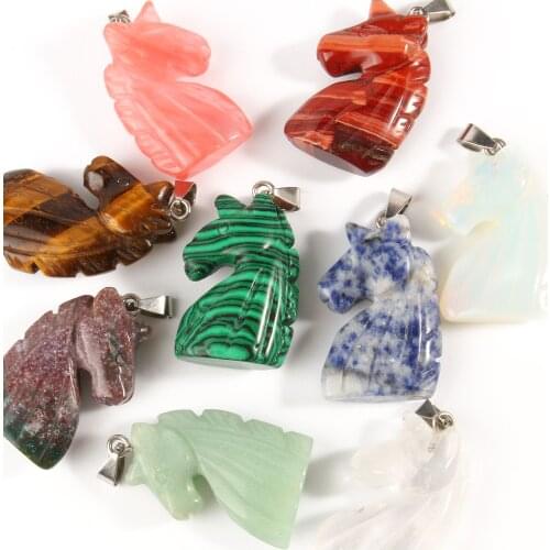 1pc Natural Stone Agate Tiger Eye Opal Unicorn Shape Pendants Charms For Necklaces Making Wholesale All Mixed Material Charms