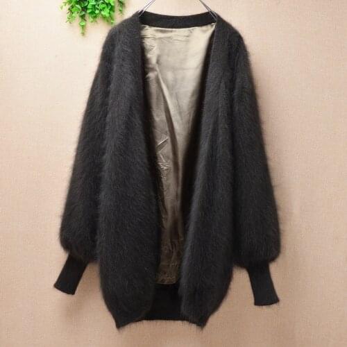 Top mujer women mink cashmere knitted long lantern sleeves loose cardigans angora rabbit hair autumn winter jacket coat sweater