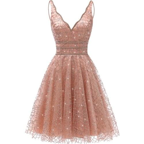 VKbridal Glitter Deep V-neck Mini Length Crystal Graduation Dress Sparkling Prom Gowns Junior for Girl Short Homecoming Dresses