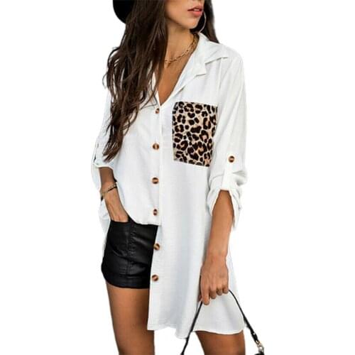 Ladies Leopard Stitching Mid-length Long-sleeved Shirt Top Pocket Loose Casual Ladies Long Sleeve Button Placket Tops for Work