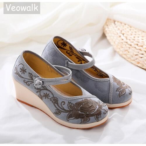 Veowalk Women Jacquard Cotton Wedge High Heels Platform Ladies Instep Strap Chinese Embroidered Pumps Comfort Handmade Shoes