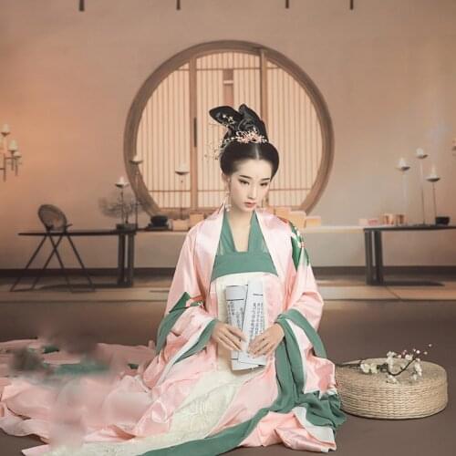 WYJN Fu Rong Yue Pink Print Tang High Waist Ruqun Female Princess Daily Costume Hanfu for Stage Performance Photography Cosplay