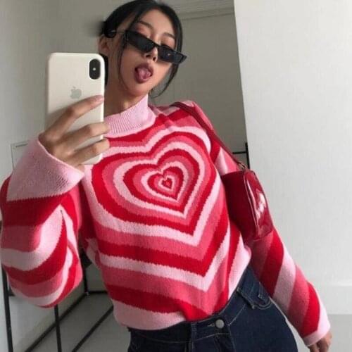 Sweater Heart Striped Y2K style Knitted long Sleeve Turtleneck Sweet Long 90s autumn Harajuku pulrsers Girl Knitwear tops retro