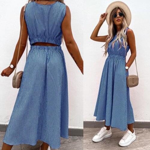 Sexy Hollow Out Sleeveless Long Dress Women Elegant Pocket Back O Neck Party Dress Plaid Print Lady Dress