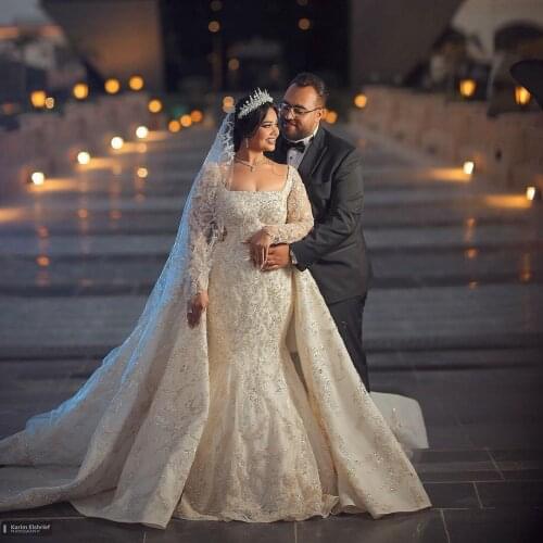 2021 Plus Size Crystals Wedding Dresses Mermaid Shape With Overskirt Long Sleeves Beaded Custom Made Bridal Wedding Gown