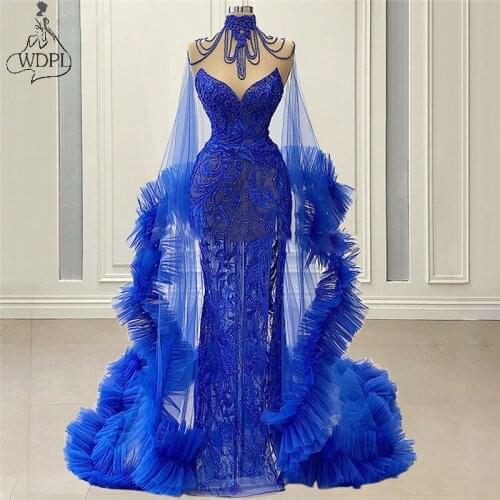 Gorgeous Royal Blue Mermaid Prom Dresses Beaded Celebrity Dresses Illusion 2020 Formal Evening Dress With Cape Robe De Soiree