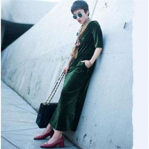 Plus Size Women Vintage Long Dress M-7XL Half Sleeve Solid Velvet Dress With Pocket Spring Autumn OL Velour Dress Green Wine red
