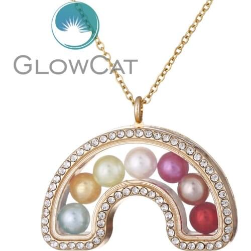 G1443 Gold Rainbow Magnetic Living Memory 8mm Beads Locket Pearl Cage Floating Pendant With Rhinestone Necklace