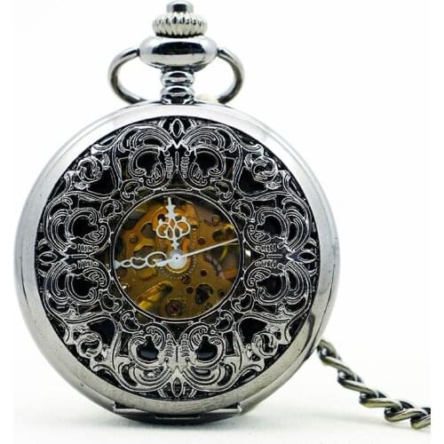 5Pcs/lot Best Vintage Necklace Steampunk Mechanical Pocket Watch Hand Wind Hollow Fob Clock Pendant Chain For Men Women PJX1158