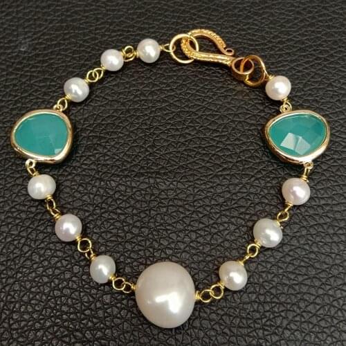 8'' White Baroque freshawter Pearl Blue Crystal Bracelet For Women Girl Birthday Leaves Bracelet Jewelry