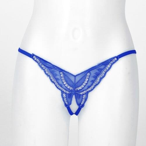 Breathable Women G-String Sequined Lace Butterfly T-Back Summer Crotchless Sexy Lingerie Underwear Low Waist Open Butt Thongs