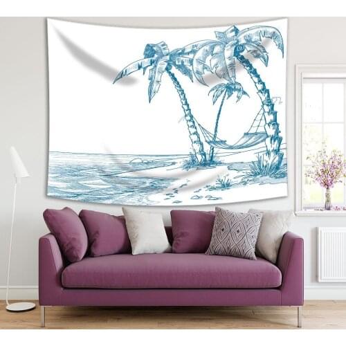 Tapestry Tropical Beach with Palm Trees and Hammock Seaside View Illustration Blue and White Artwork Print