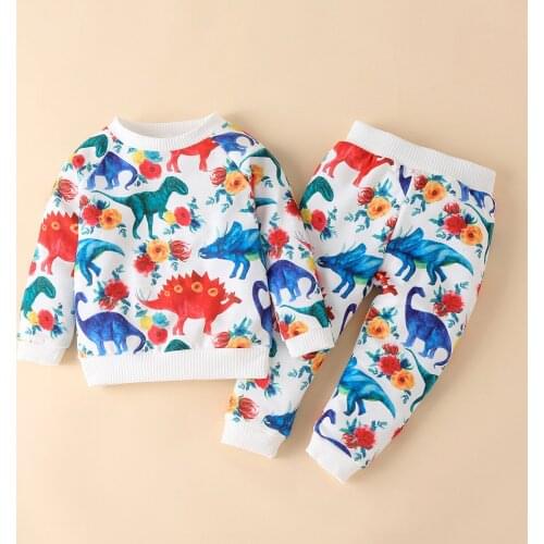 Cotton Clothes Suit Dinosaur Print Long Sleeve Pullover Trousers Two-Piece Outfits Costumes For Boys Autumn Girl Clothing Sets