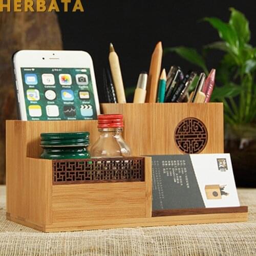 Multifunction Wooden & Bamboo Pen Pencil Holder Desktop Storage Box Retro Cosmetic Holder Creative Office Accessories CL-2524