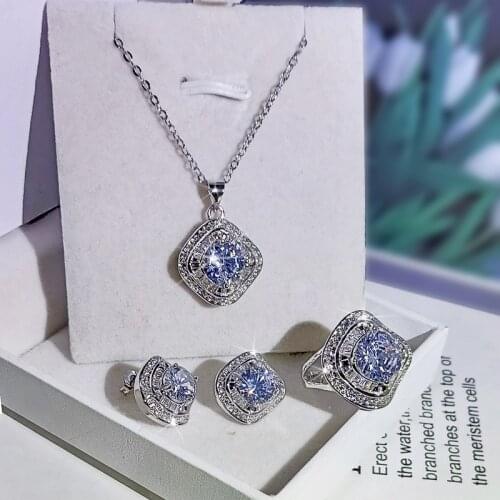 Fashion New 925 Silver Ladie Jewelry Sparkling Geometric Zircon Jewelry Ring Earring Necklace Three-piece Set To Attend The Prom