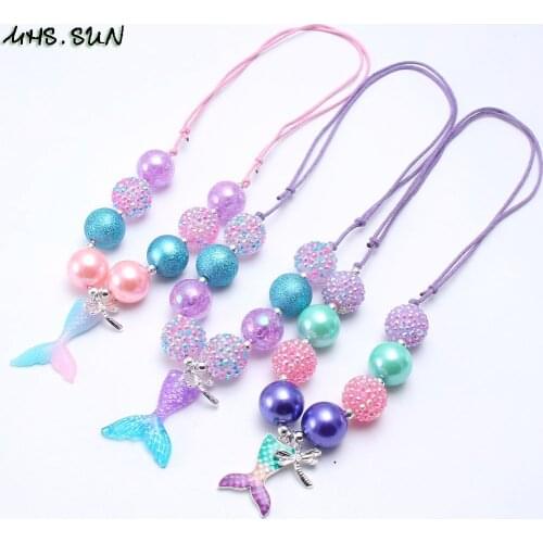 MHS.SUN Fashion Mermaid Tail Pendants Girls Chunky Beads Necklace Adjustable Rope Child Kids Chunky Bubblegum Necklace Cute 1Pcs