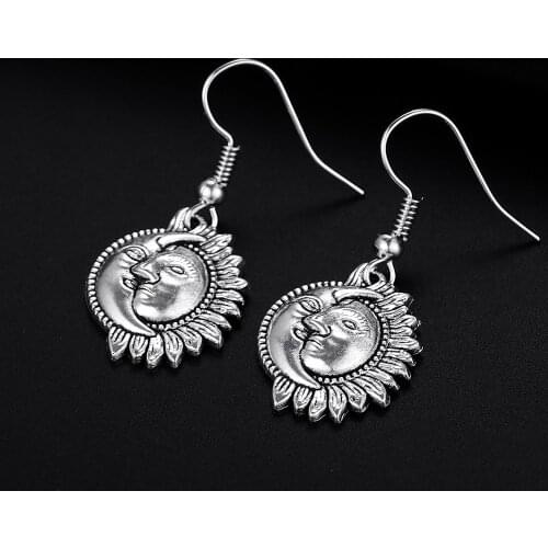 Trendy Vintage Sun Moon Antique Silver Plated Punk Hiphop Rock Style Retro Drop Earrings for Women Girl & Man Party Jewelry