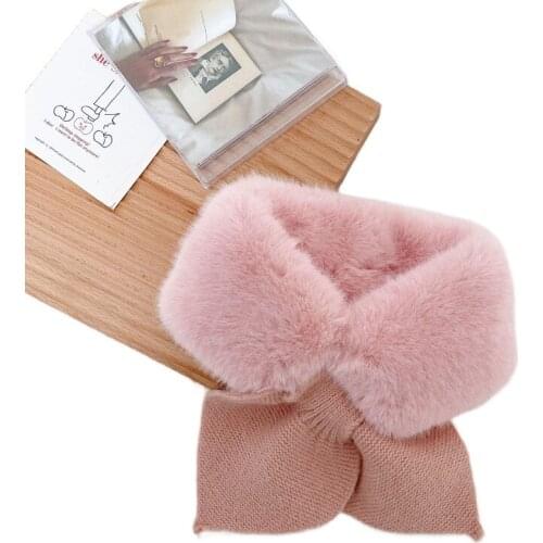 2021 Fashion Kids Girls Scarf Warm Winter Knitted Plush Fur Collar Princess Solid Cross Scarf Children Baby Girl Scarves 2-10T