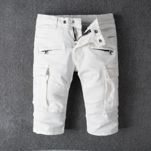 2021 Summer Fashion Mens Jeans Shorts White Color Big Pocket Cargo Shorts Spliced Short Jeans Balplein Brand Denim Shorts Men