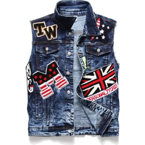 European and American Mens Slim Fit Embroidery Denim Vest Individuality Flag Badge Patch Punk Motorcycle Stretch Jean Waistcoat
