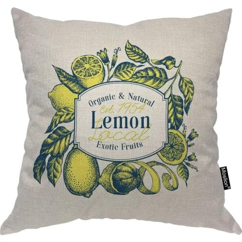 Moslion Lemons with Green Leaves Throw Pillow Cover Summer Style Organic and Natural Lemon Exotic Fruits Sign Square Pillow Case