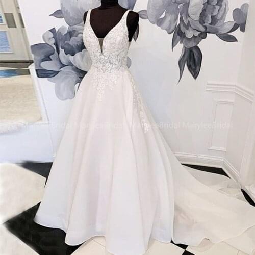 New Vestido De Noiva Princesa A-line Organza Satin Appliques Wedding Dress V-neck vestido de casamento Chapel Train Bridal Dress