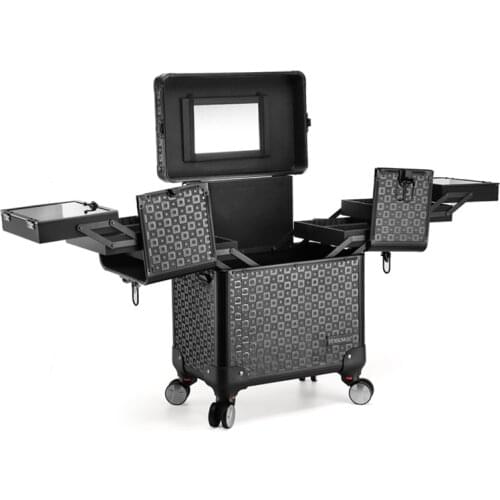 Professional Makeup Case Aluminium ABS Travel Beauty Manicure Artist Multi-Storey Black Big Hand Suitcase Wheels Rolling Luggage