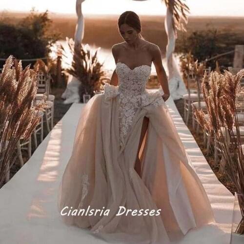 Blush Pink Beach Wedding Dresses Sweetheart Lace Appliques Side Split Bohemian Bridal Gown Tulle Boho Robe De Mariee Wears