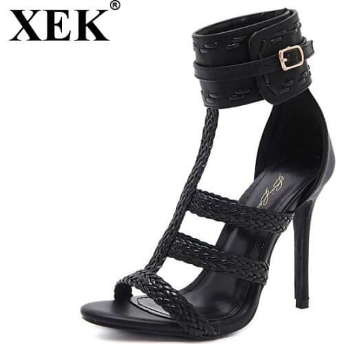 XEK Sexy PU Women Sandals Thin High Heels 11 CM Gladiator Bandage Cross Tied Fashion Summer Party Femme Shoes WFQ14