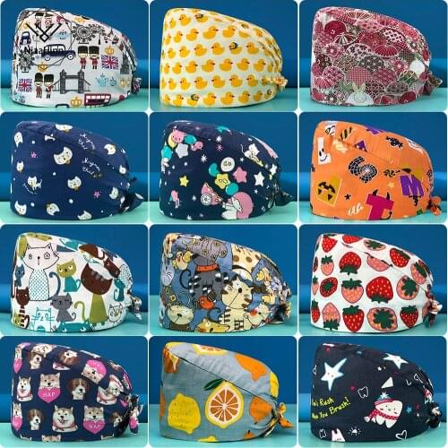 Cartoon Print Work Scrubs Caps Pet Grooming Agency Scrubs Hats Health Workers Work Hats Beauty Salon Scrubs Caps Beautician cap