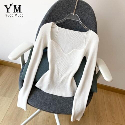 YuooMuoo Early Autumn Tops 2021 Retro Palace Square Collar Knit Long Sleeve Sweater Shirt Basic All Match Skinny Pullover White