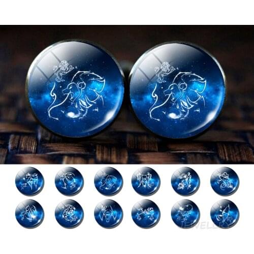 12 Constellations Glass Alloy Cufflinks Zodiac Signs Suit Cuff Links Men Shirt Accessories Destiny Jewelry Birthday Gift