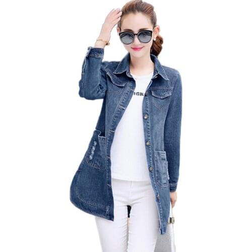 Women Spring Long Denim Jacket Fashion Slim Jackets Casual Ripped Jeans Long Sleeve Coat Female Outwear Coat 3XL 2020 Y1144