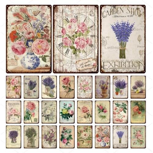 20x30cm Customizable Retro Tinplate Lavender Rose Flower Tinplate Painting Exquisite Princess Room Decorative Metal Art Painting