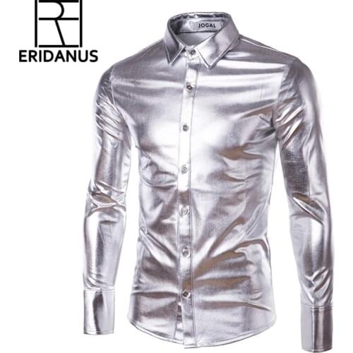 2016 Spring Fashion Night Club Shirt Mens Long Sleeve Slim Fit Korean Style Individuality Shiny Pure Color Casual Shirts M048