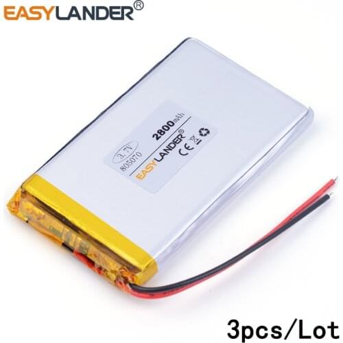3pcs /Lot 805070 2800mah 3.7v lithium Li ion polymer rechargeable battery mobile emergency power charging treasutoys PAD PSP