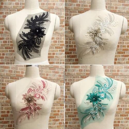 39*16cm DIY Motif 3D Lace Flower Embroidery Bridal Applique Pearl Beaded Tulle