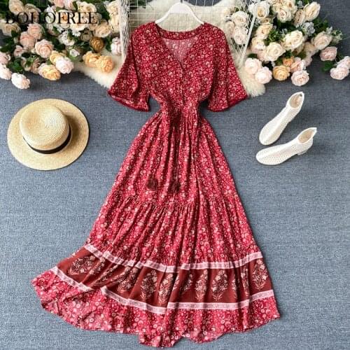 Bohemian Long Maxi Hippie Long Dress Women Boho Chic Vintage V Neck Short Sleeve Floral Print Elastic Waist Rayon Cotton Dress