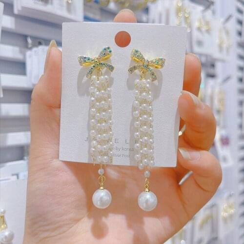 Colorful Bowknot Imitation Pearl Pendant Long Tassel Earrings Elegant Fashion Simple 2021 Fashion Jewelry Womens Earrings